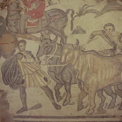 Bueyes transportando agua, mosaico romano, principios del siglo IV